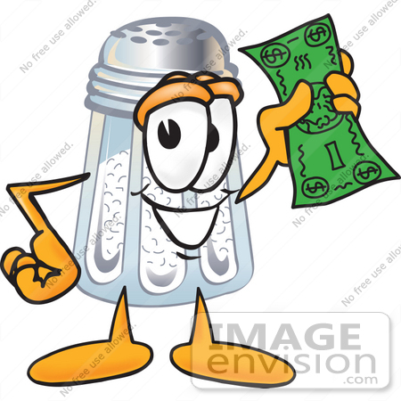 #25280 Clip Art Graphic of a Salt Shaker Cartoon Character Holding a Dollar Bill by toons4biz