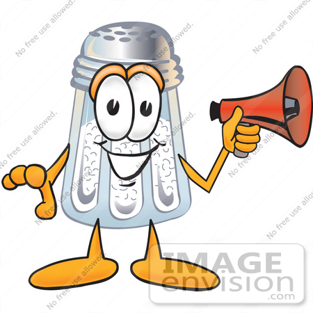 #25283 Clip Art Graphic of a Salt Shaker Cartoon Character Holding a Megaphone by toons4biz
