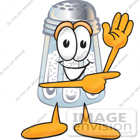 #25286 Clip Art Graphic of a Salt Shaker Cartoon Character Waving and Pointing by toons4biz