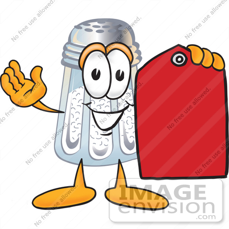 #25291 Clip Art Graphic of a Salt Shaker Cartoon Character Holding a Red Sales Price Tag by toons4biz