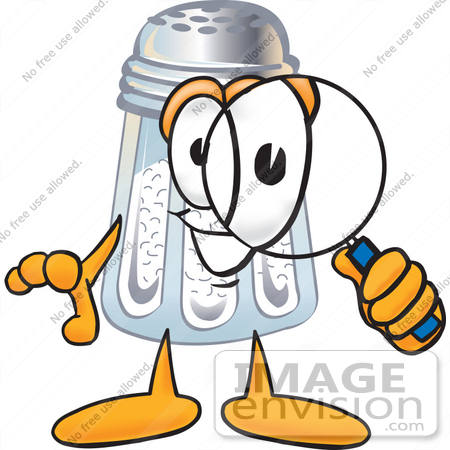 #25295 Clip Art Graphic of a Salt Shaker Cartoon Character Looking Through a Magnifying Glass by toons4biz