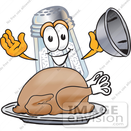 #25305 Clip Art Graphic of a Salt Shaker Cartoon Character Serving a Thanksgiving Turkey on a Platter by toons4biz