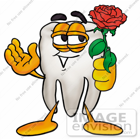#25308 Clip Art Graphic of a Human Molar Tooth Character Holding a Red Rose on Valentines Day by toons4biz