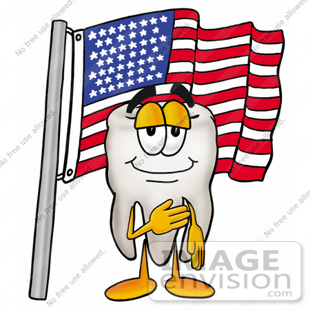 #25309 Clip Art Graphic of a Human Molar Tooth Character Pledging Allegiance to an American Flag by toons4biz