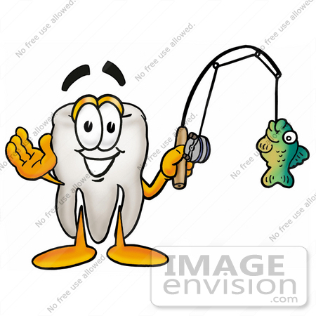 #25310 Clip Art Graphic of a Human Molar Tooth Character Holding a Fish on a Fishing Pole by toons4biz