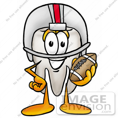 #25313 Clip Art Graphic of a Human Molar Tooth Character in a Helmet, Holding a Football by toons4biz