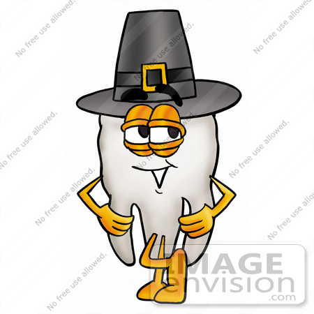 #25314 Clip Art Graphic of a Human Molar Tooth Character Wearing a Pilgrim Hat on Thanksgiving by toons4biz
