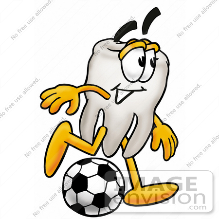 #25315 Clip Art Graphic of a Human Molar Tooth Character Kicking a Soccer Ball by toons4biz
