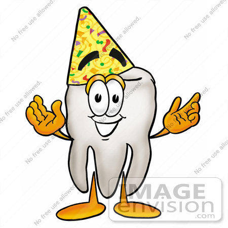 #25325 Clip Art Graphic of a Human Molar Tooth Character Wearing a Party Hat by toons4biz