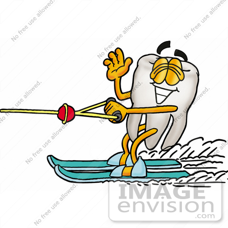 #25329 Clip Art Graphic of a Human Molar Tooth Character Waving While Water Skiing by toons4biz