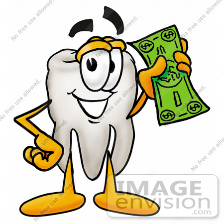 #25331 Clip Art Graphic of a Human Molar Tooth Character Holding a Dollar Bill by toons4biz
