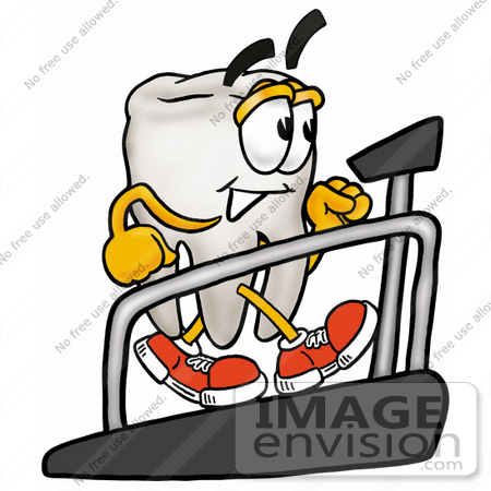 #25337 Clip Art Graphic of a Human Molar Tooth Character Walking on a Treadmill in a Fitness Gym by toons4biz