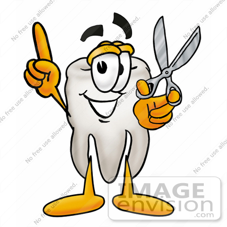 #25343 Clip Art Graphic of a Human Molar Tooth Character Holding a Pair of Scissors by toons4biz