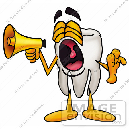 #25344 Clip Art Graphic of a Human Molar Tooth Character Screaming Into a Megaphone by toons4biz