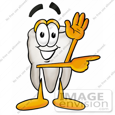 #25345 Clip Art Graphic of a Human Molar Tooth Character Waving and Pointing by toons4biz