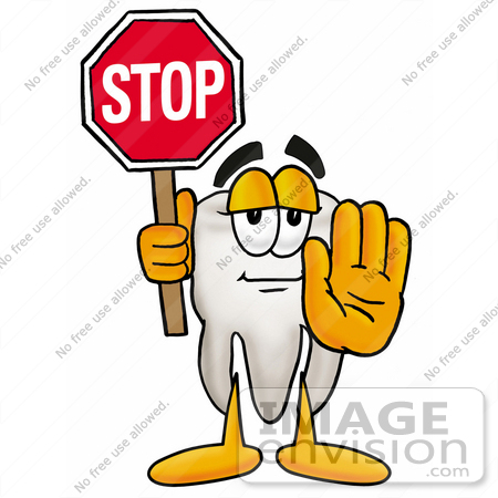 #25346 Clip Art Graphic of a Human Molar Tooth Character Holding a Stop Sign by toons4biz