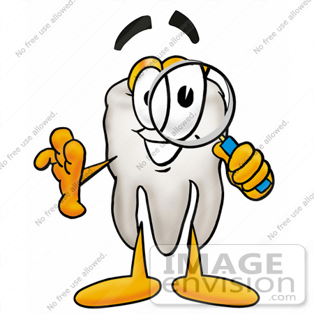#25347 Clip Art Graphic of a Human Molar Tooth Character Looking Through a Magnifying Glass by toons4biz