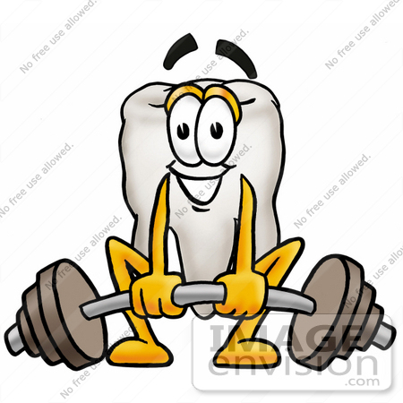 #25349 Clip Art Graphic of a Human Molar Tooth Character Lifting a Heavy Barbell by toons4biz