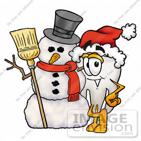 #25350 Clip Art Graphic of a Human Molar Tooth Character With a Snowman on Christmas by toons4biz