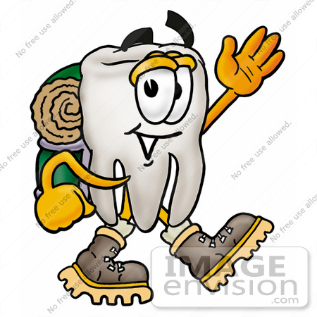 #25351 Clip Art Graphic of a Human Molar Tooth Character Hiking and Carrying a Backpack by toons4biz