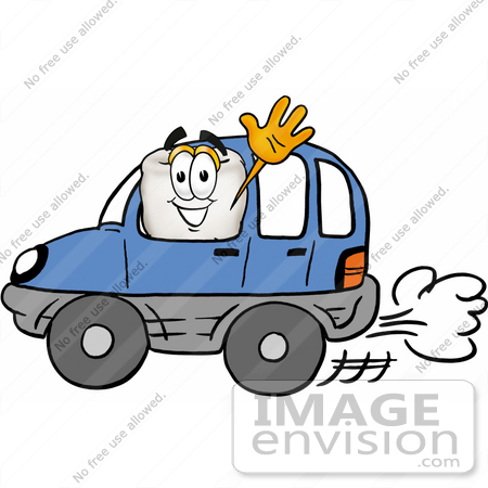 #25352 Clip Art Graphic of a Human Molar Tooth Character Driving a Blue Car and Waving by toons4biz