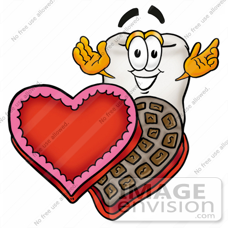 #25353 Clip Art Graphic of a Human Molar Tooth Character With an Open Box of Valentines Day Chocolate Candies by toons4biz