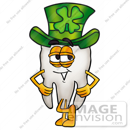 #25354 Clip Art Graphic of a Human Molar Tooth Character Wearing a Saint Patricks Day Hat With a Clover on it by toons4biz