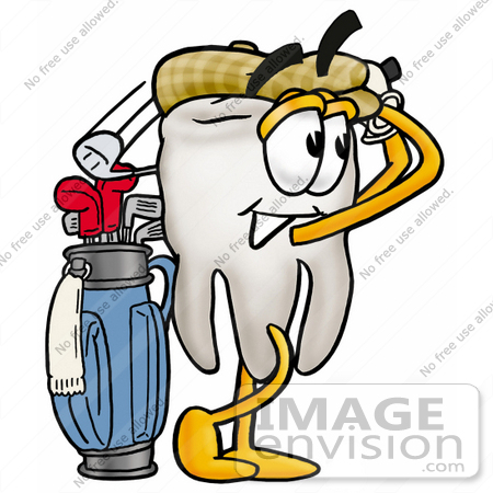 #25356 Clip Art Graphic of a Human Molar Tooth Character Swinging His Golf Club While Golfing by toons4biz