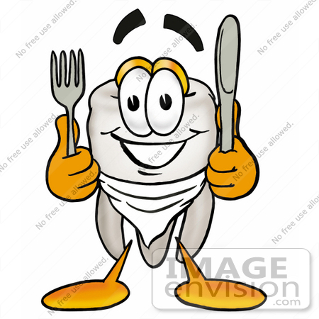 #25359 Clip Art Graphic of a Human Molar Tooth Character Holding a Knife and Fork by toons4biz