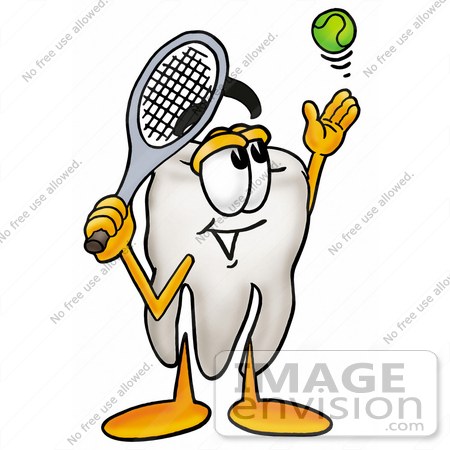 #25360 Clip Art Graphic of a Human Molar Tooth Character Preparing to Hit a Tennis Ball by toons4biz