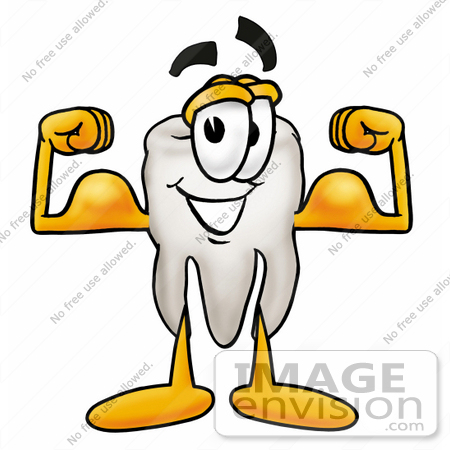 #25362 Clip Art Graphic of a Human Molar Tooth Character Flexing His Arm Muscles by toons4biz
