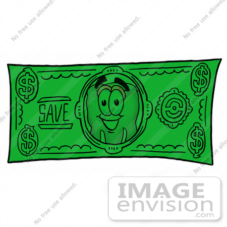 #25365 Clip Art Graphic of a Human Molar Tooth Character on a Dollar Bill by toons4biz
