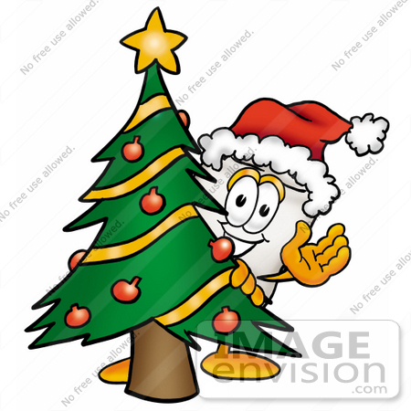 #25374 Clip Art Graphic of a Human Molar Tooth Character Waving and Standing by a Decorated Christmas Tree by toons4biz