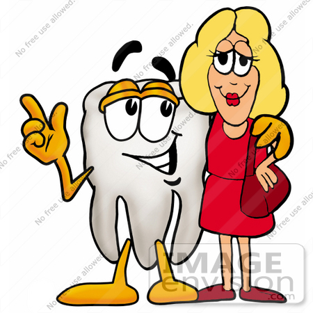 #25375 Clip Art Graphic of a Human Molar Tooth Character Talking to a Pretty Blond Woman by toons4biz