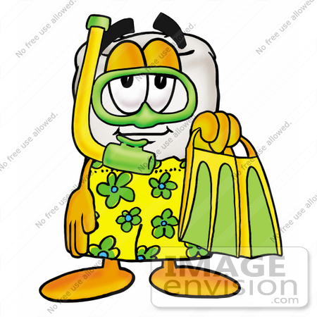#25377 Clip Art Graphic of a Human Molar Tooth Character in Green and Yellow Snorkel Gear by toons4biz