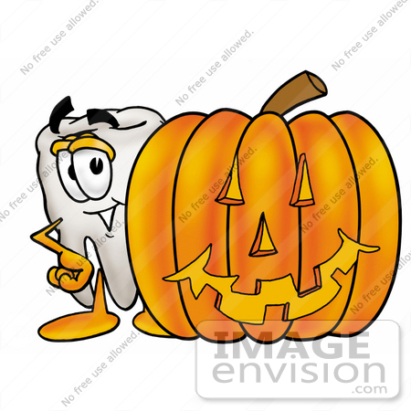 #25378 Clip Art Graphic of a Human Molar Tooth Character With a Carved Halloween Pumpkin by toons4biz