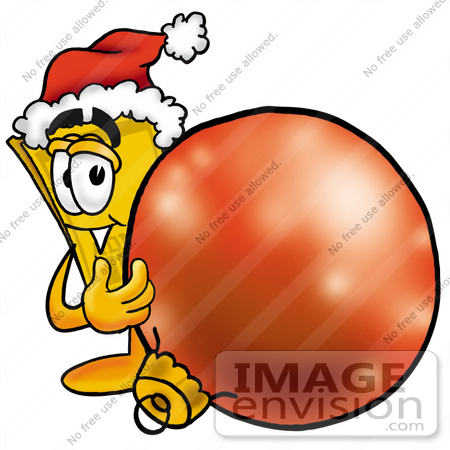 #25383 Clip Art Graphic of a Golden Admission Ticket Character Wearing a Santa Hat, Standing With a Christmas Bauble by toons4biz