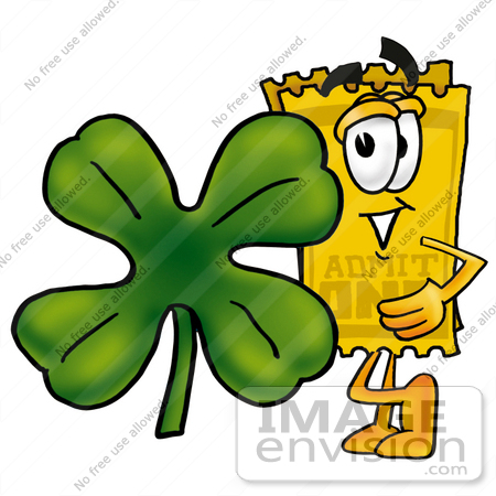 #25384 Clip Art Graphic of a Golden Admission Ticket Character With a Green Four Leaf Clover on St Paddy’s or St Patricks Day by toons4biz