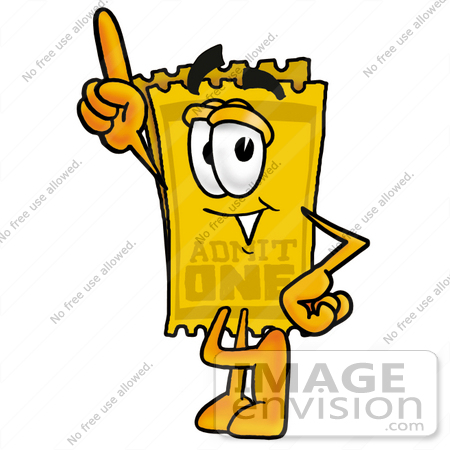 #25385 Clip Art Graphic of a Golden Admission Ticket Character Pointing Upwards by toons4biz