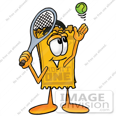 #25386 Clip Art Graphic of a Golden Admission Ticket Character Preparing to Hit a Tennis Ball by toons4biz