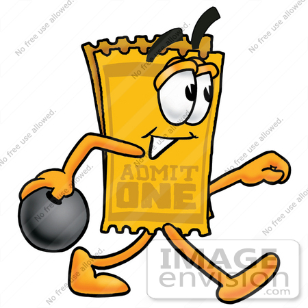 #25387 Clip Art Graphic of a Golden Admission Ticket Character Holding a Bowling Ball by toons4biz