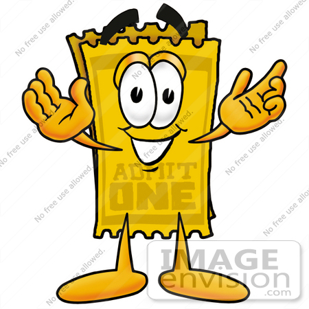 #25388 Clip Art Graphic of a Golden Admission Ticket Character With Welcoming Open Arms by toons4biz
