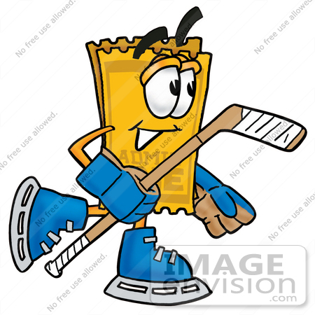 #25389 Clip Art Graphic of a Golden Admission Ticket Character Playing Ice Hockey by toons4biz