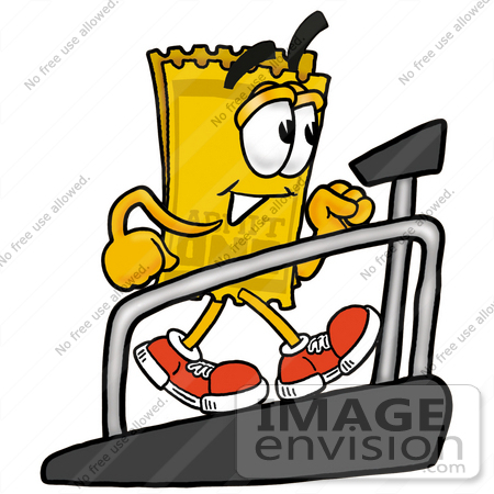 #25390 Clip Art Graphic of a Golden Admission Ticket Character Walking on a Treadmill in a Fitness Gym by toons4biz