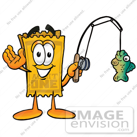 #25392 Clip Art Graphic of a Golden Admission Ticket Character Holding a Fish on a Fishing Pole by toons4biz