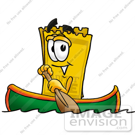 #25393 Clip Art Graphic of a Golden Admission Ticket Character Rowing a Boat by toons4biz