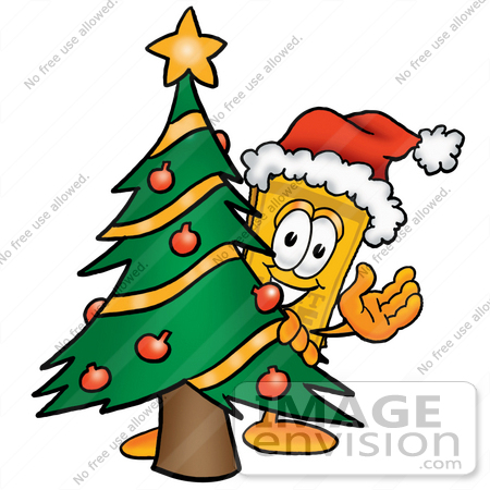 #25395 Clip Art Graphic of a Golden Admission Ticket Character Waving and Standing by a Decorated Christmas Tree by toons4biz