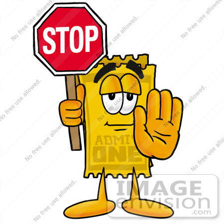 #25396 Clip Art Graphic of a Golden Admission Ticket Character Holding a Stop Sign by toons4biz