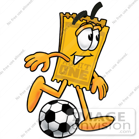 #25397 Clip Art Graphic of a Golden Admission Ticket Character Kicking a Soccer Ball by toons4biz