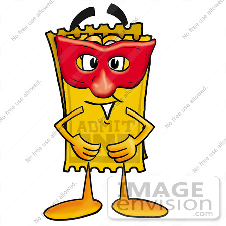 #25401 Clip Art Graphic of a Golden Admission Ticket Character Wearing a Red Mask Over His Face by toons4biz